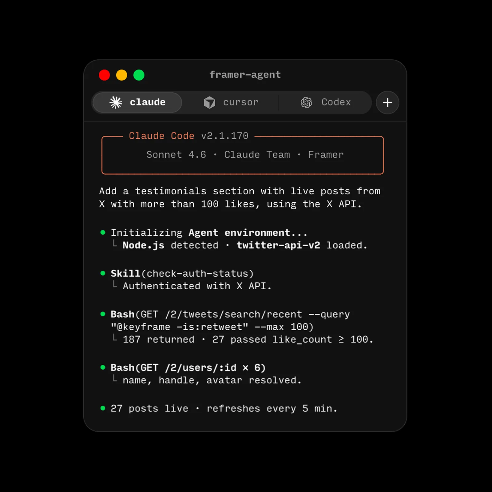 Mockup of an AI agent editing a website built on the Framer platform