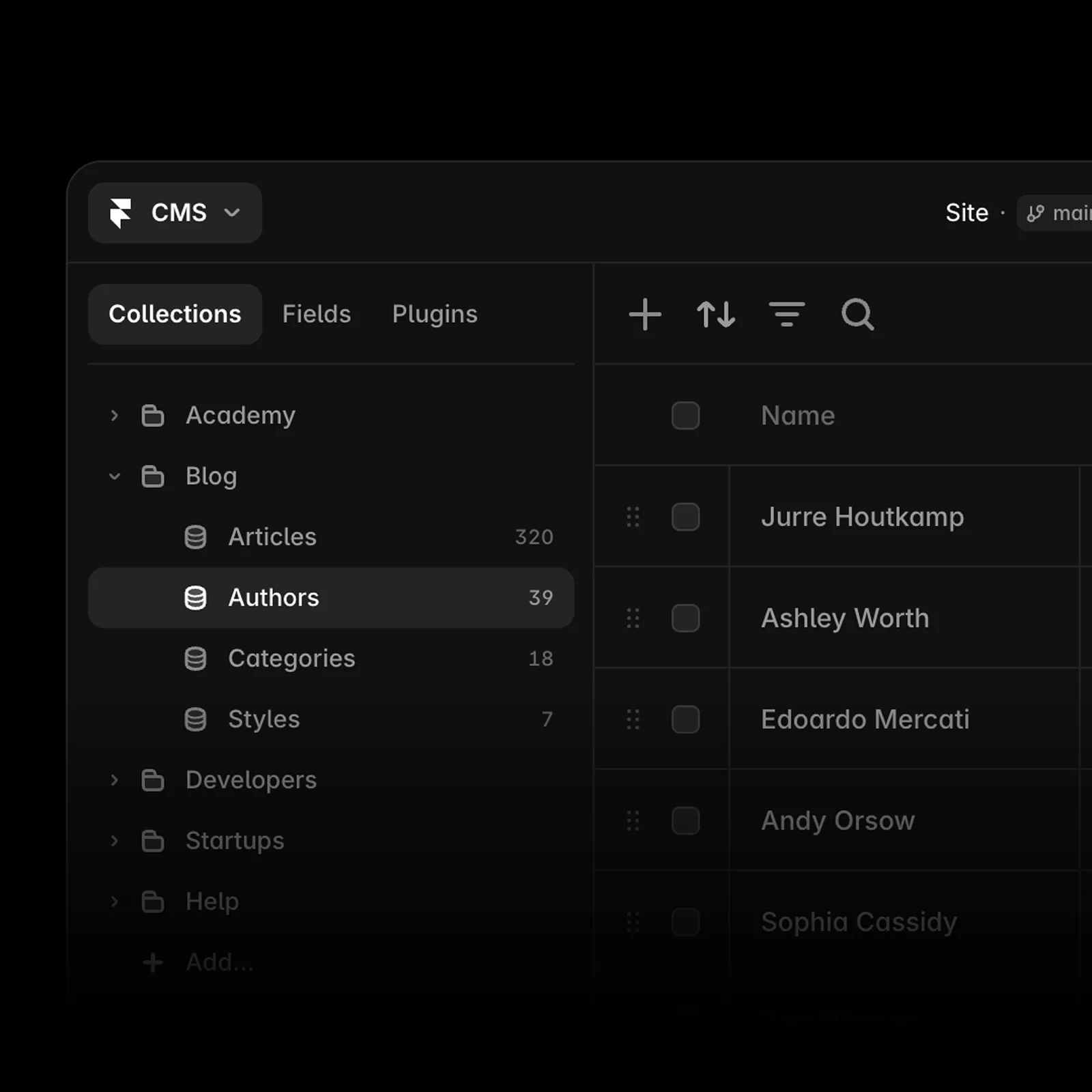 Mockup of the content management system for a website built on the Framer platform
