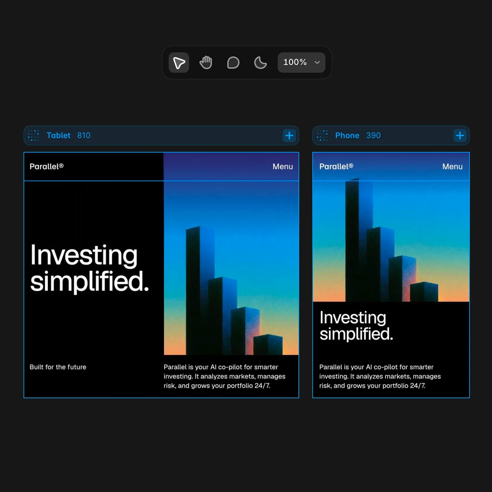 Mockup of the responsive design settings for a website built on the Framer platform