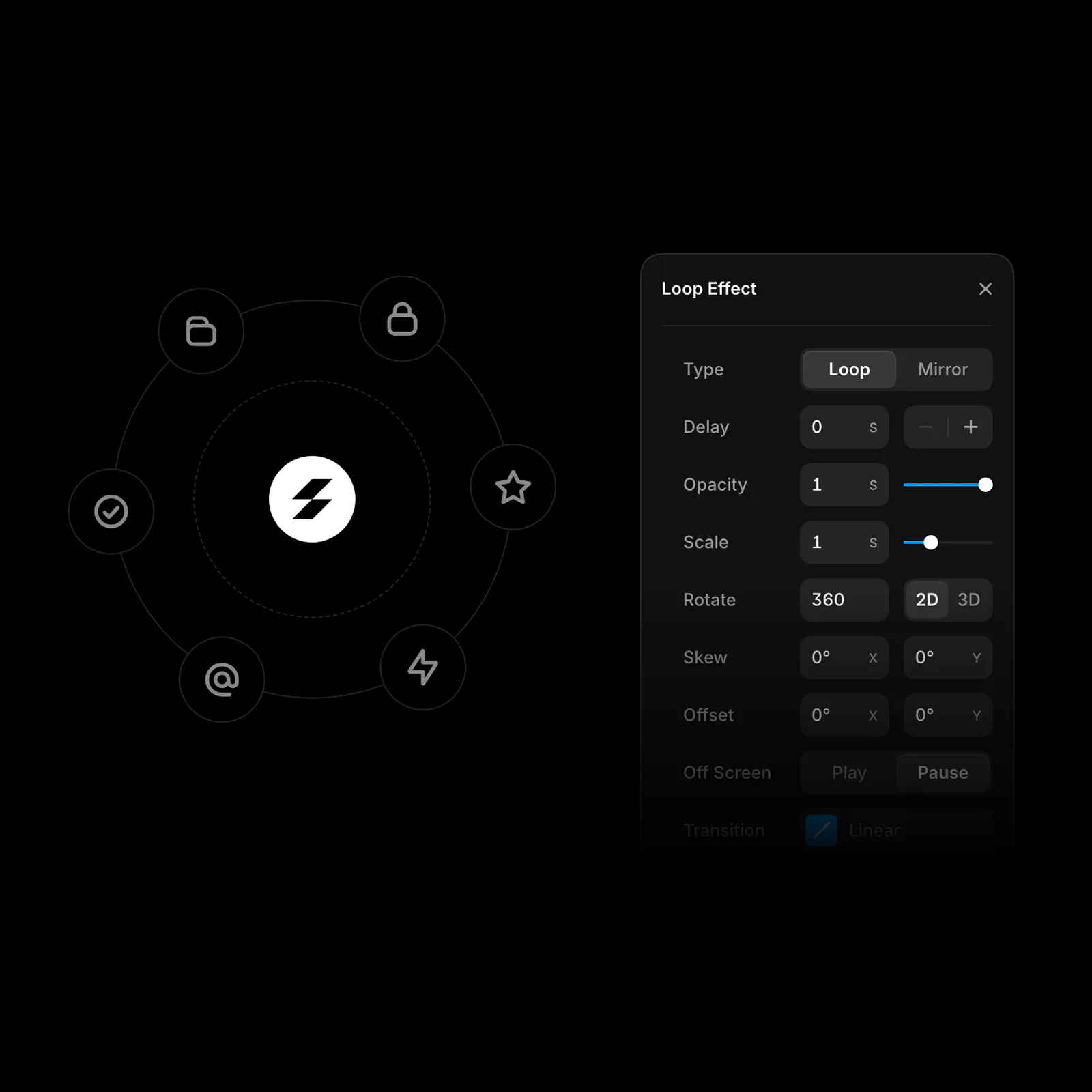 Mockup of the animation settings panel on the Framer platform