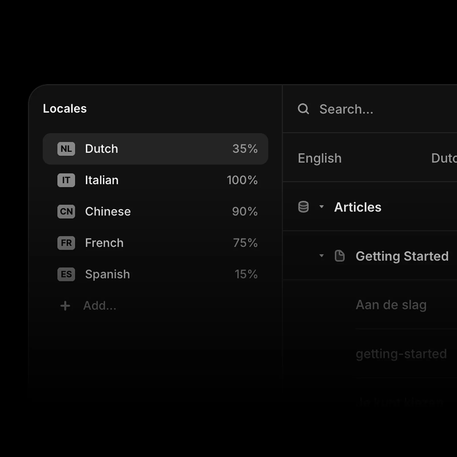 Mockup of the translations of language versions of a website built on the Framer platform