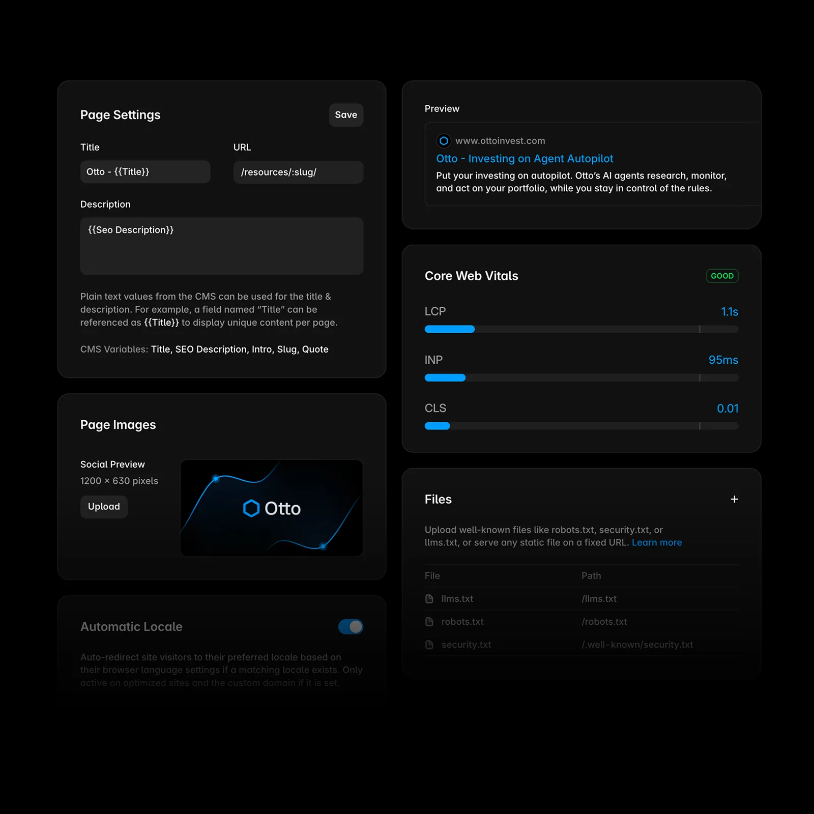 Mockup of the page SEO settings for a website built on the Framer platform