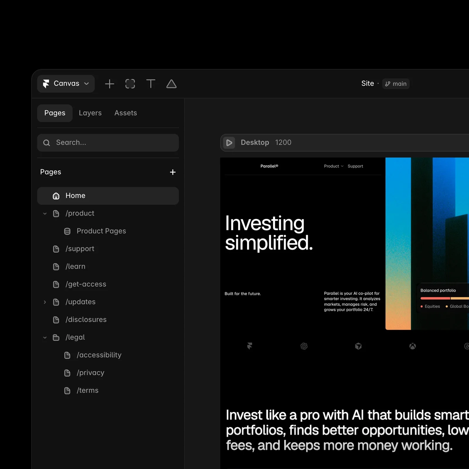 Mockup of the visual canvas for building a website on the Framer platform