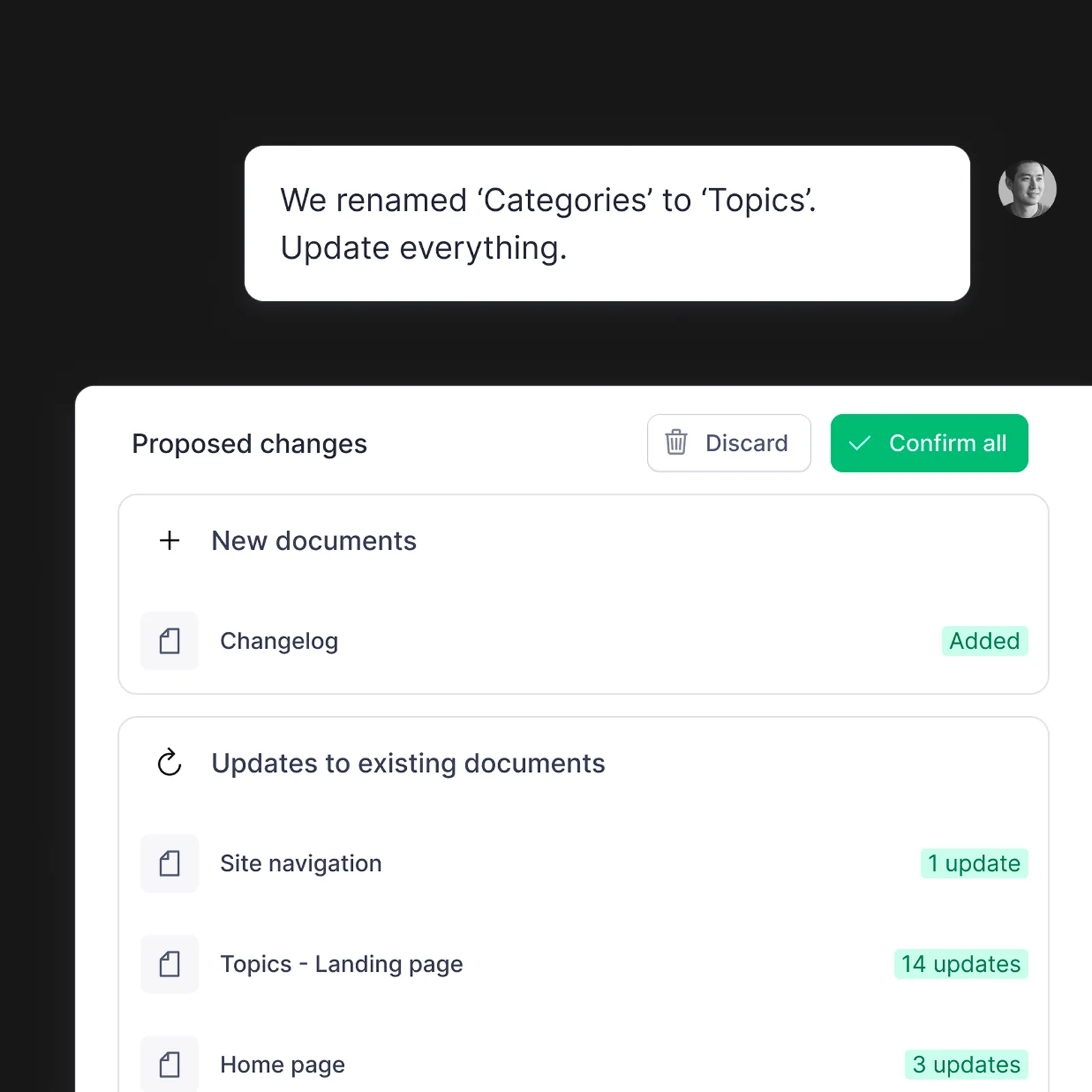 Mockup of the Content Agent making a bulk content change in Sanity
