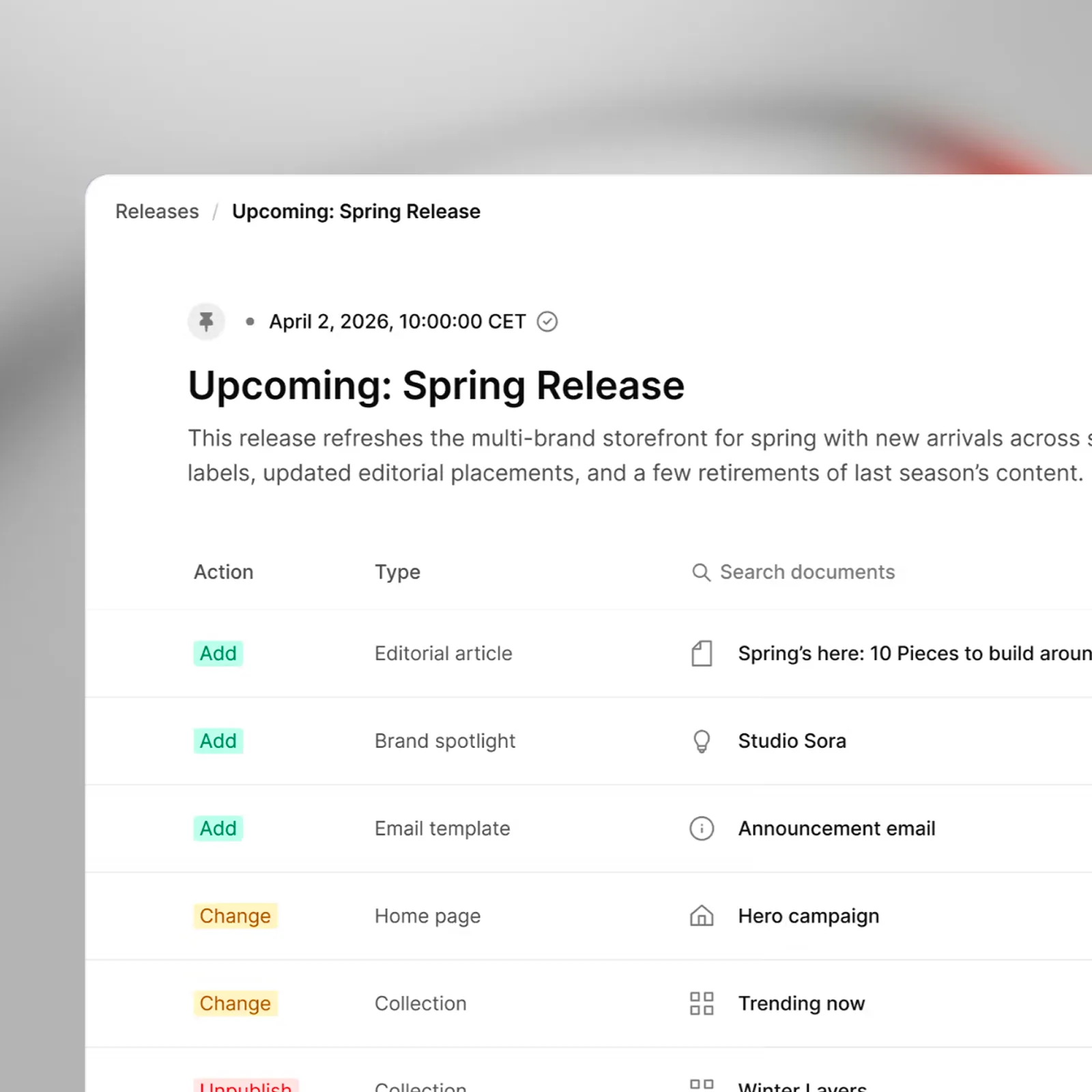 Mockup of a scheduled content release in Sanity Content Releases