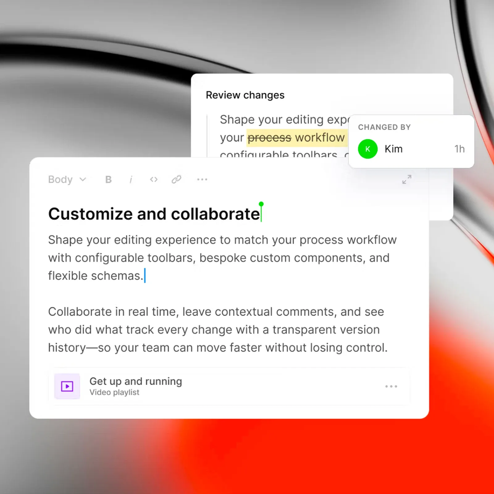 Mockup of the change history and comments during collaborative content work in Sanity