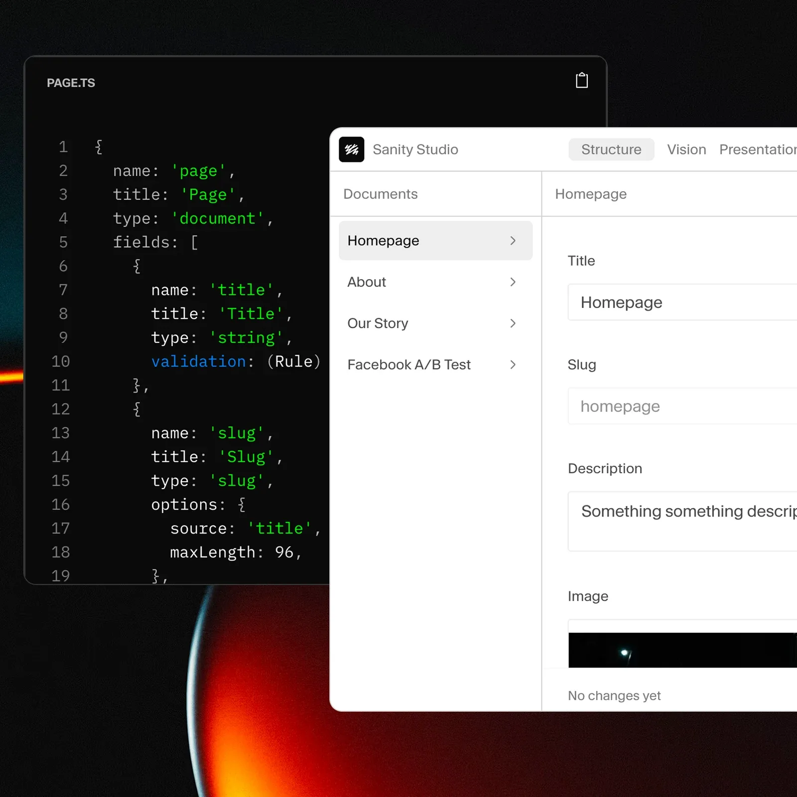 Mockup of the schema and editor in Sanity Studio for managing website content