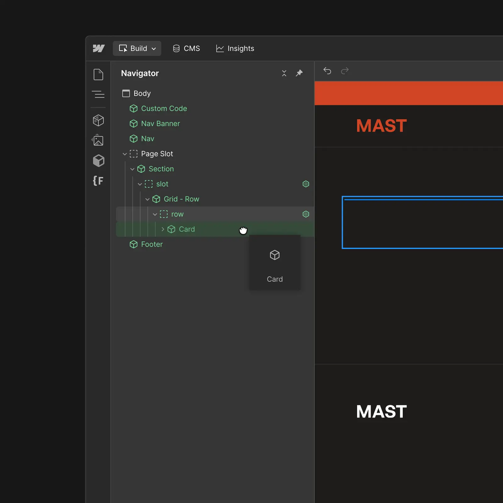 Mockup of Webflow Build Mode for website created on Webflow platform