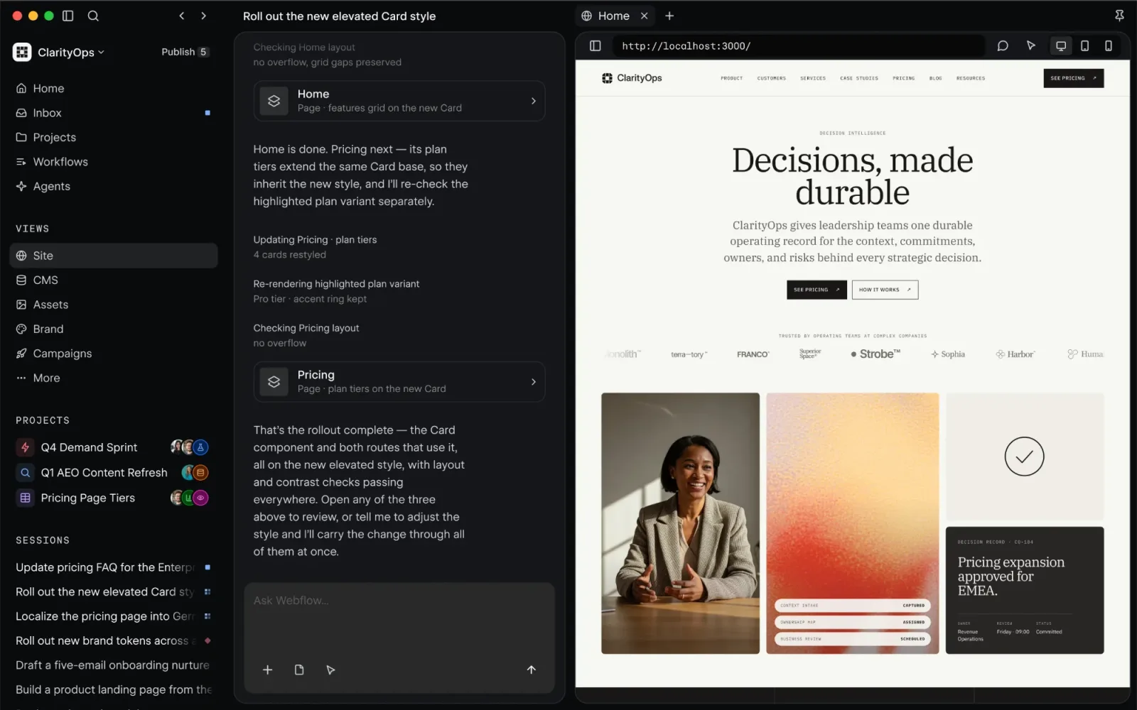 The Webflow Source interface with the Views sidebar, an agent's progress and a live preview of the site